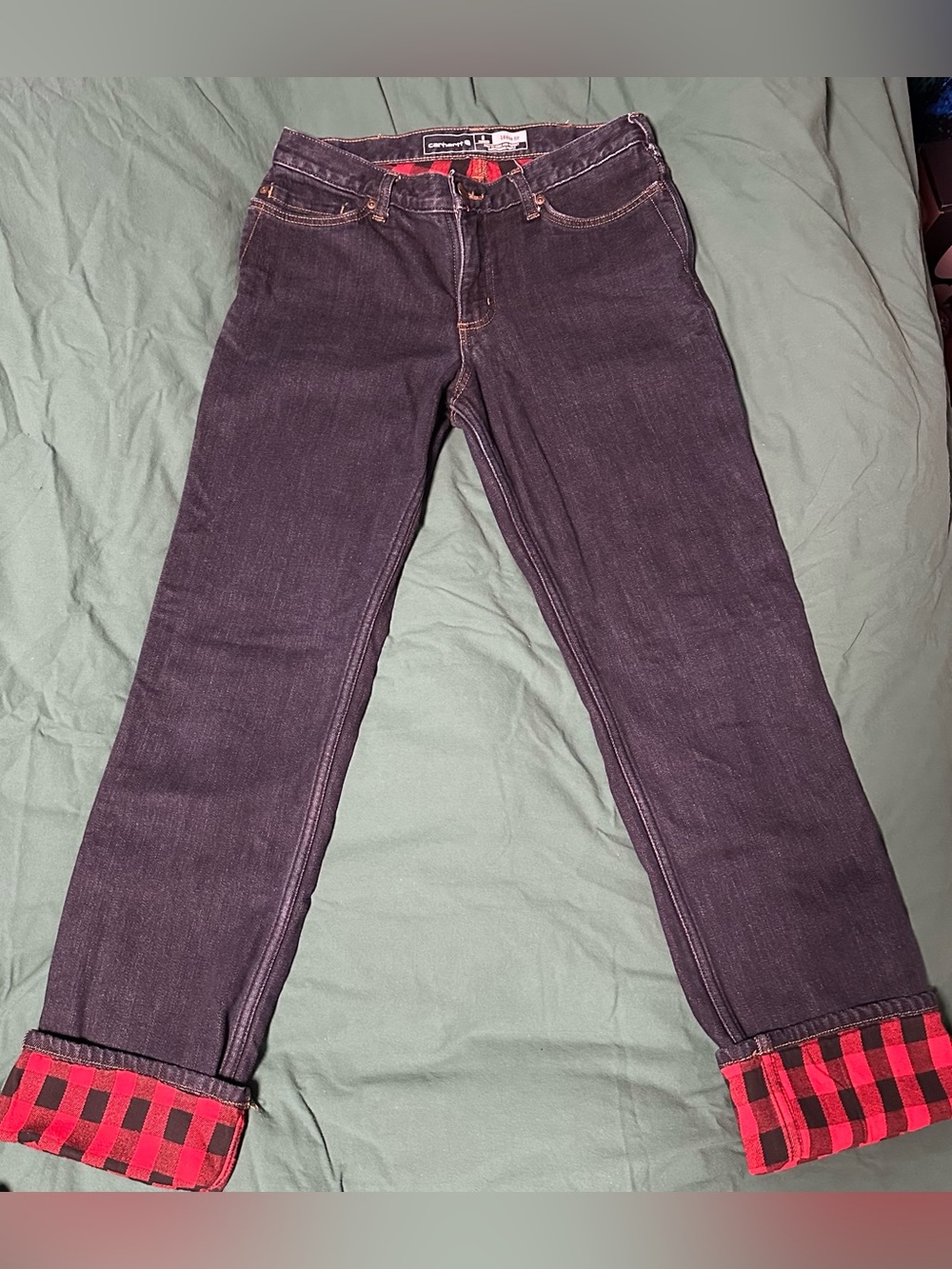 Carhartt Women’s Straight-Leg Flannel Lined Jeans - 6R Dark Indigo - Red/Black